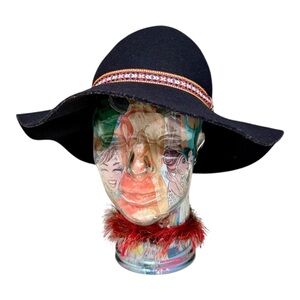 World Market Black Boho Wool Floppy Hat – 22.5” with Multicolor Woven Band EUC